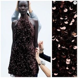 Zara Brown Sequined Halter Neck Mini Dress 🤎 Size S